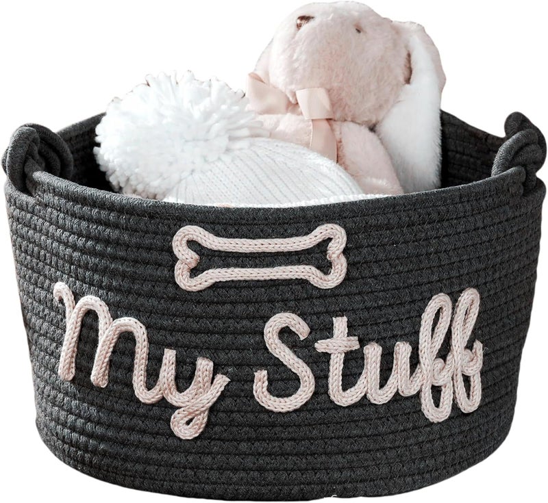 JUPPE Pet Storage Basket with Rope Handles, Cotton Woven Dog Toy Bin, Black with 'My Stuff' Text, Decorative Organization, Dog Toy Organizer (Black grey dog basket) - Image 1
